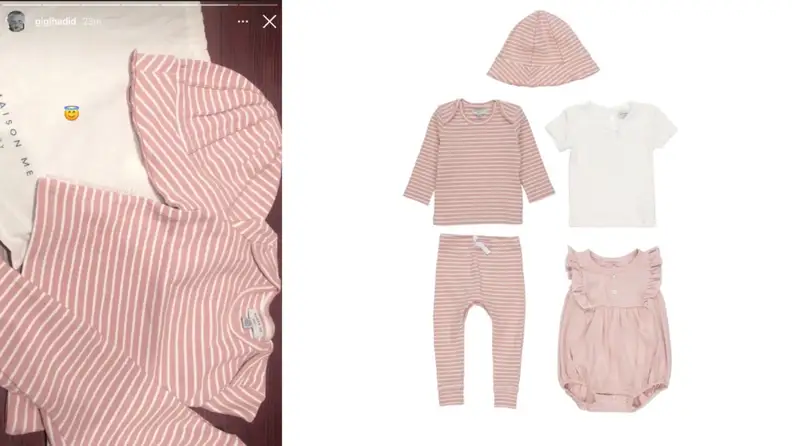 A 5-piece pink and white baby set.