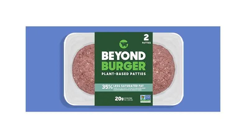 A package of two raw Beyond Burger patties.