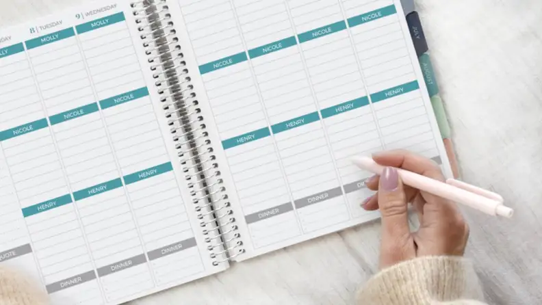 A person writes in a daily planner.