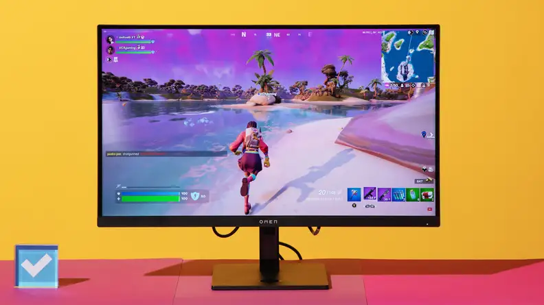 The HP Omen 27q gaming monitor with fortnite on screen