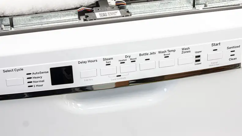 The controls on the GE Appliances GDF630PGMWW dishwasher