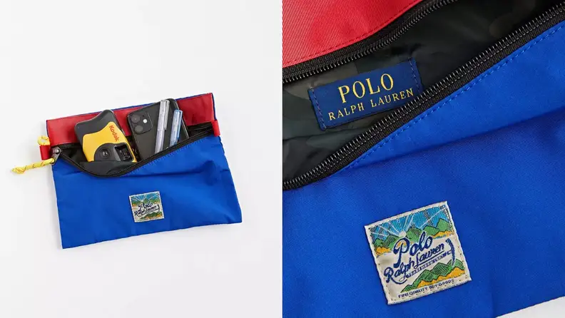 On left, zipper pouch holding smartphone, pens, disposable camera. On right, interior of zipper pouch.