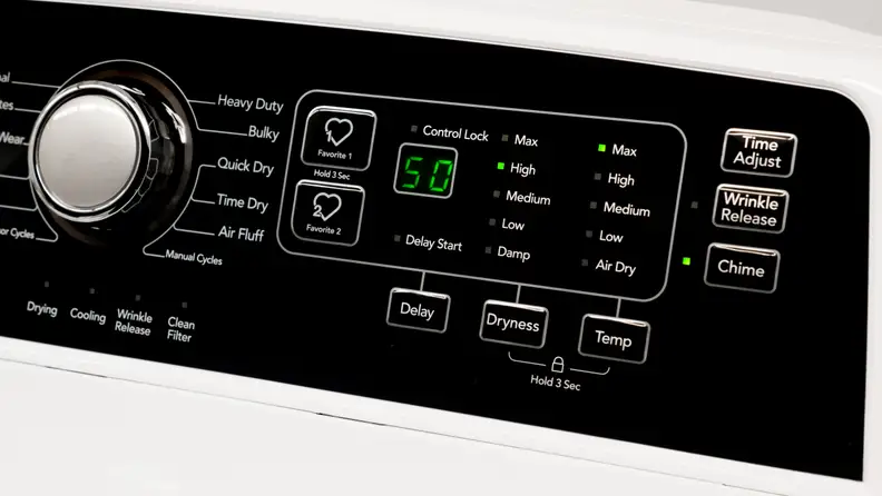 A close-up of the Frigidaire FFRE4120SW dryer's control panel.