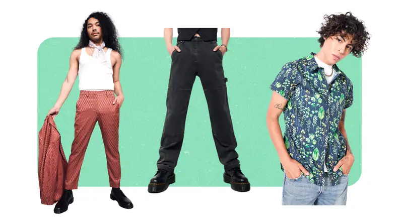 Black work pants, a botanical print short-sleeve button-up shirt, and pants with a metallic checkered weave.
