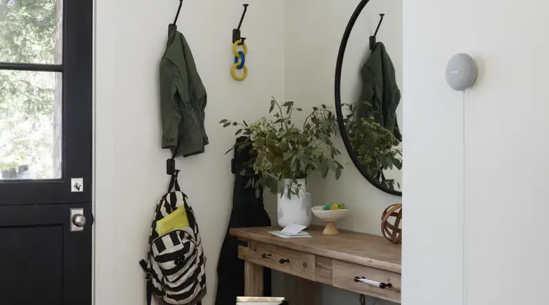 A Nest Mini hangs on the wall.