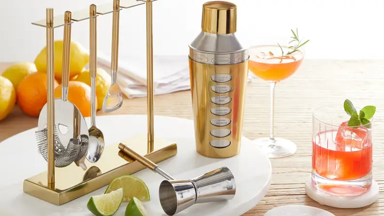 Measure, stir, and strain with this set of bar tools.