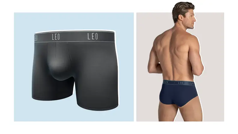 Collage of a pair of black boxer briefs against a blue background, and a model wearing navy blue briefs.