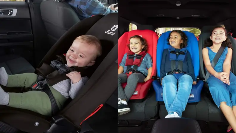 A baby in a car seat. Three kids in a row of Diono car seats.