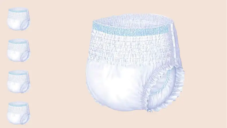 An illustrated disposable diaper sits on a peach background
