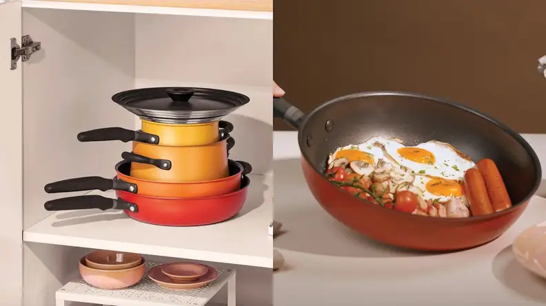 On left, stack of orange, red, yellow stack of Meyer cookware with lid on top inside of cabinet. On right, eggs, sausage or small tomatoes cooking inside of skillet pan.