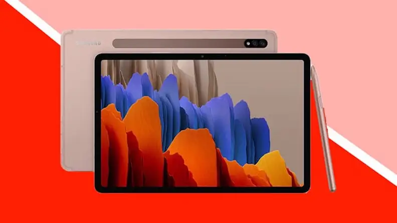 Image of tablet device against a pink/red background