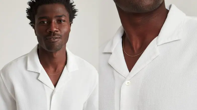man wearing white camp collar shirt, closeup of man's camp collar shirt from Bonobos