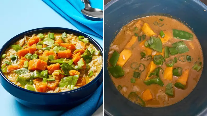 On left, an EveryPlate photo of Sweet Potato & Coconut Curry Soup on blue background. On right, Reviewed image of the recipe.