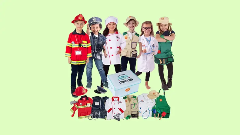 A group of kids wearing all sorts of costumes with a costume storage box in the middle and each individual costume below.