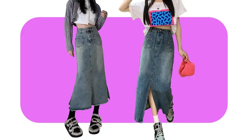 Models displaying the Lisueyne Women's Casual Stretch Waist Washed Denim Ruffle Fishtail Skirts.