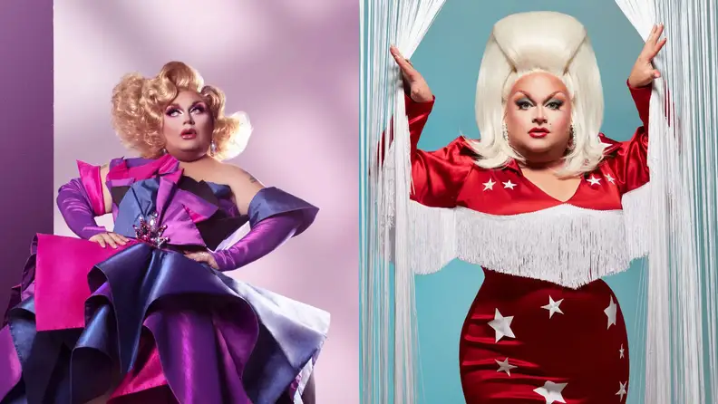 Two photos of drag queen Ginger Minj side by side
