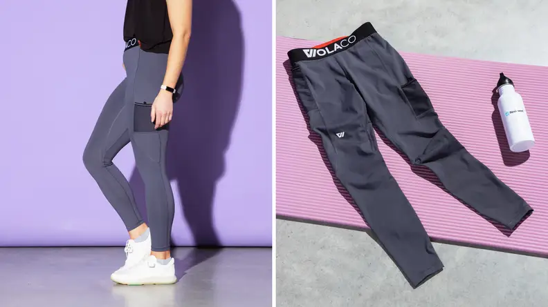 A person wearing the Wolaco grey, Fulton compression leggings on the left and on the right are the leggings laid out next to a white bottle.