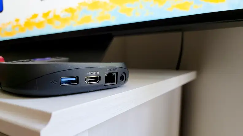 The back of the Roku Ultra 2022 with a USB port, HDMI port, Ethernet port, and power port.