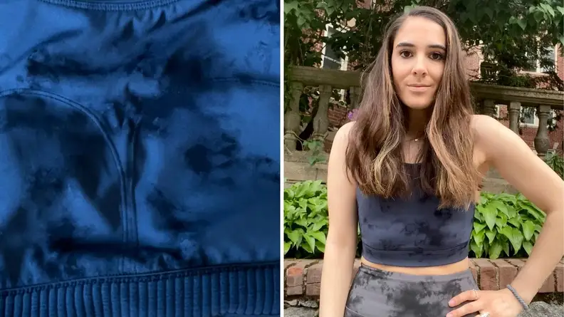 1) Close up of a blue tie-dye pair of leggings. 2) A person wears leggings and a sports top.