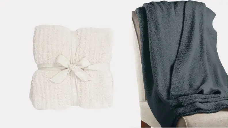 A picture of a white Barefoot Dreams throw folded into a square and tied with a bow beside a picture of a blue throw spread over the back of an upholstered chair