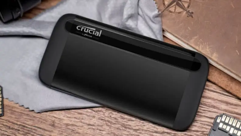 Close up of a portable SSD.