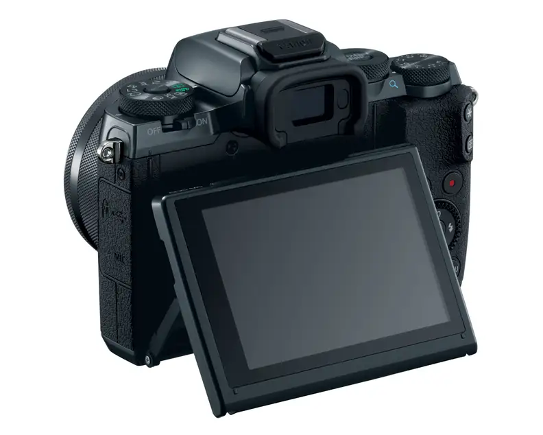The Canon M5's rear LCD can tip up or down, flipping all the way forward to face your subject.