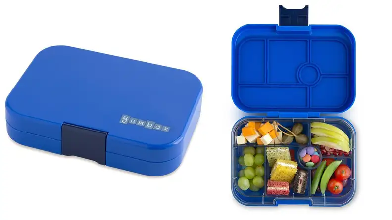 A blue reusable lunchbox shown closed and open with food inside.