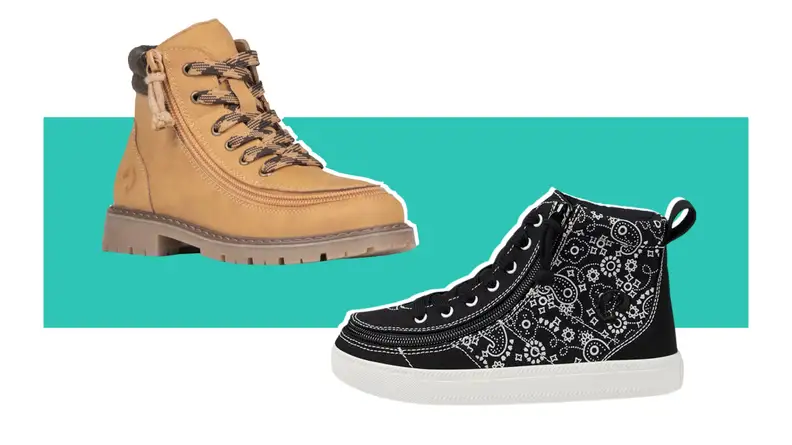 Two pairs of adaptive sneakers in tan and in black and white with zippers running up the side.