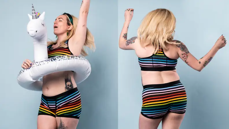 Split image of a person dancing in TomboyX underwear, one image back turned to camera, other image in a unicorn float.