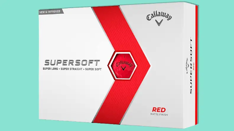 Red Callaway Supersoft golf balls on a teal background.