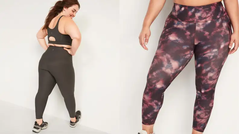 Models wear multicolored leggings.