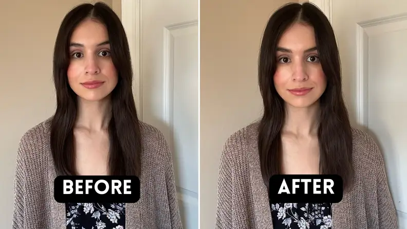 Two portraits of a woman with long dark brown hair wearing makeup.