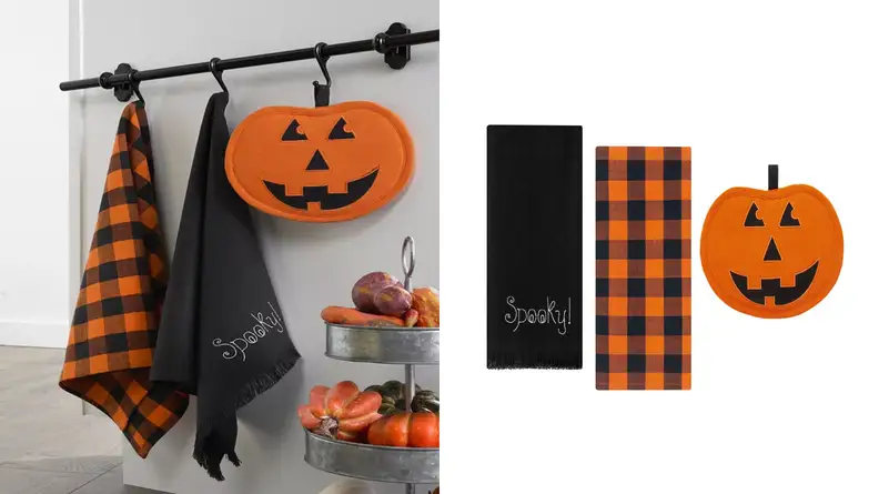 An image of two dishtowels and a pot holder hanging from a rod, alongside an image of the three items laid on a white background.