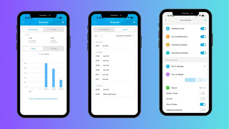 Three screenshots of the GoveeHome app showing an ice production chart, an activity journal, and a settings menu.