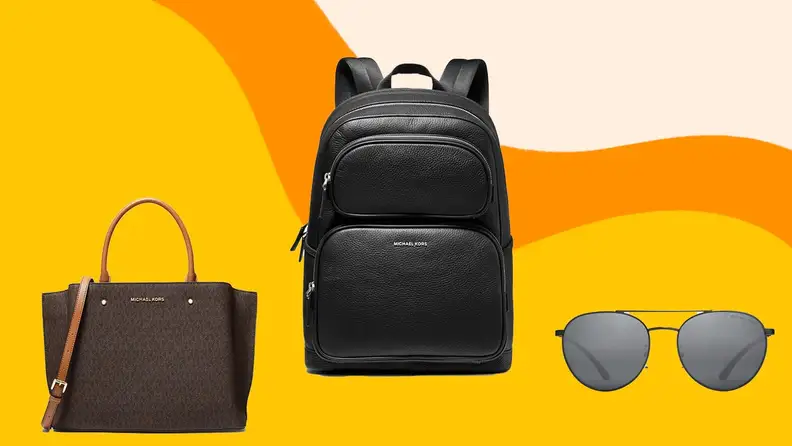 A brown purse, black backpack, and sunglasses.