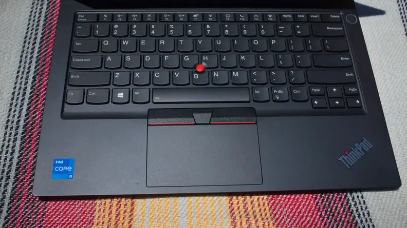 An overhead shot of the ThinkPad E14's keyboard and trackpad.