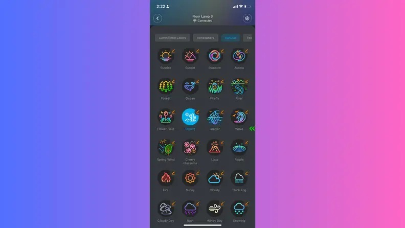Mobile app interface showing a collection of preprogrammed lighting scenes and effects, including nature, weather, and color-themed modes for a connected smart lamp.