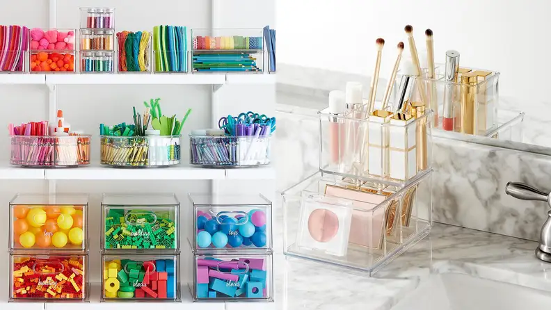 On left, craft items arranged by color in clear containers from the Container Store. On right, clear organizer in bathroom holding cosmetic items.