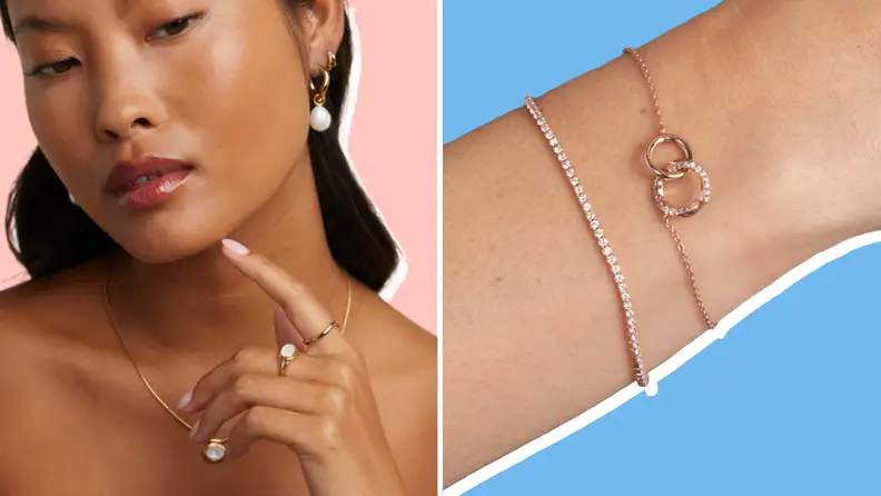 Collage of photos showing a ring and bracelets sold at Astrid and Miyu