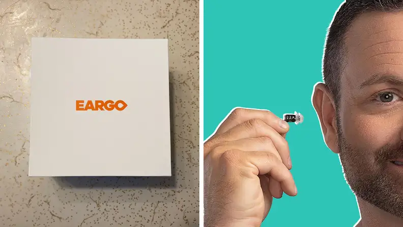 The eargo SE case side by side with a man putting in the Eargo SE hearing aids