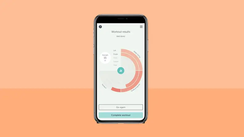 A smartphone with the Elvie Trainer app on the screen.
