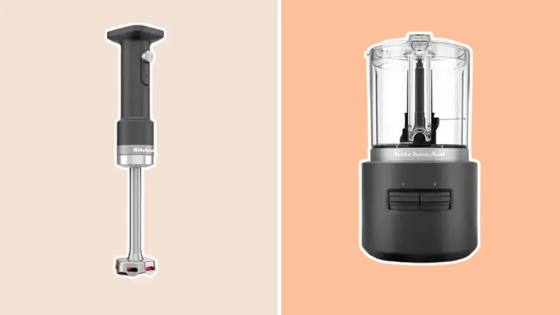 A collage with the a hand blender and a food processor,  two of the cordless KitchenAid appliances.
