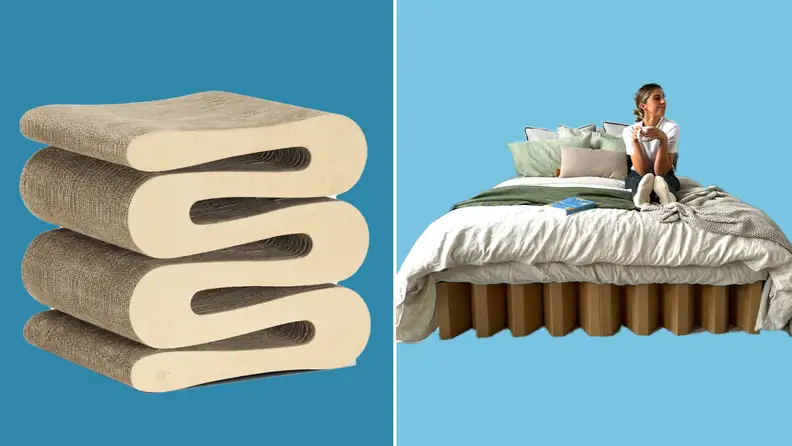 Photo collage of abstract-shaped cardboard stool and person sitting on top mattress on cardboard bed platform.