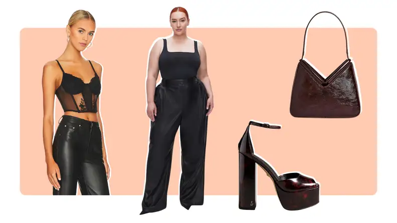 A model wearing a black bustier, a model wearing leather pants, a black platform heel, and a black bag.