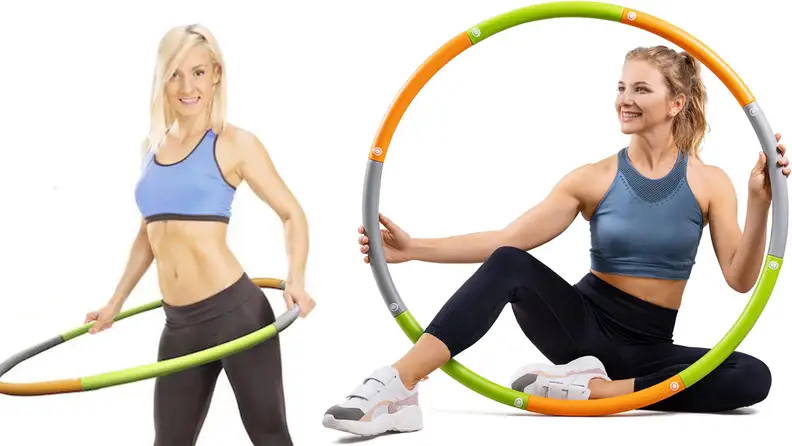 A woman using the weighted hula hoop and a woman posing with it.
