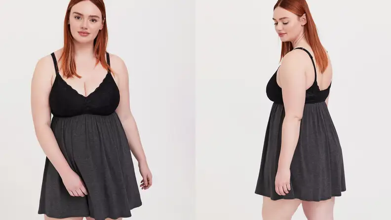 Woman wearing black and grey nightgown front and back