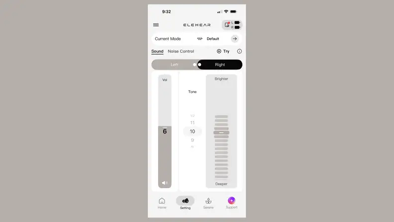 ELEHEAR app shown with level adjusting controls against a grey background.