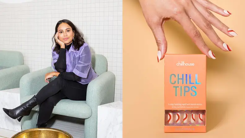On the left: The founder of Chillhouse sitting in a chair. On the right: A hand reaching down to a set of Chillhouse press-on nails.