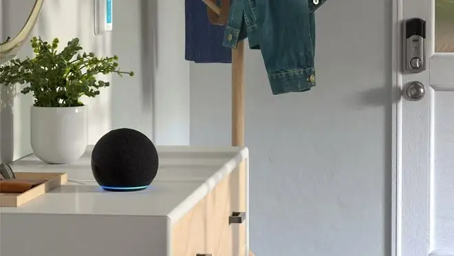 An Echo Dot sitting atop a dresser in a nicely furnished room.