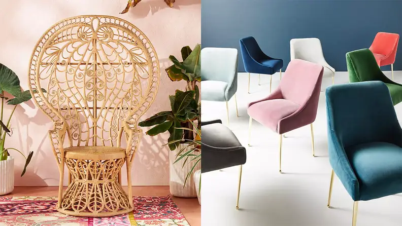 An ornate chair on a rug and several velvet chairs in a room, among the best things to buy at Anthropologie.